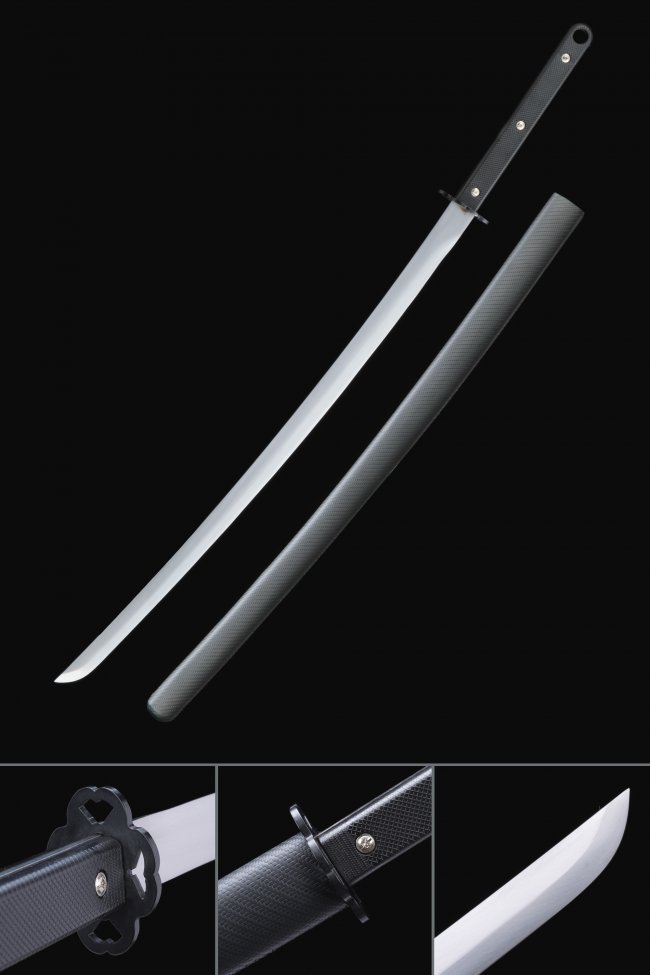 1095 Carbon Steel Katana with Black Leather Saya - Diamond-Wrapped Handle, Iron Tsuba