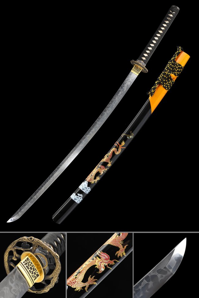 T10 Carbon Steel Katana with Real Hamon - Black Dragon Saya, Gold Tsuba, Full Tang Replica
