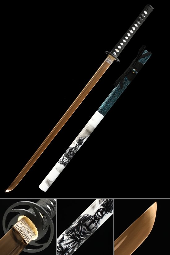 1095 Carbon Steel Ninja Sword with Gold Blade - Teal-White Painted Saya, Black Ito