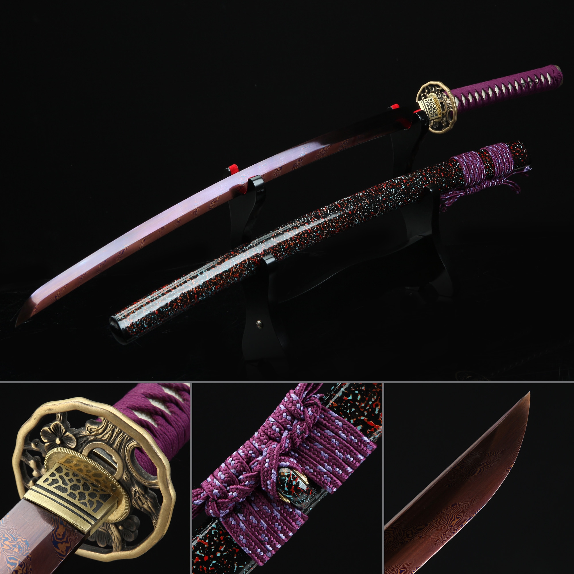 Handmade Pattern Steel Red Blade Real Japanese Samurai Katana Sword ...