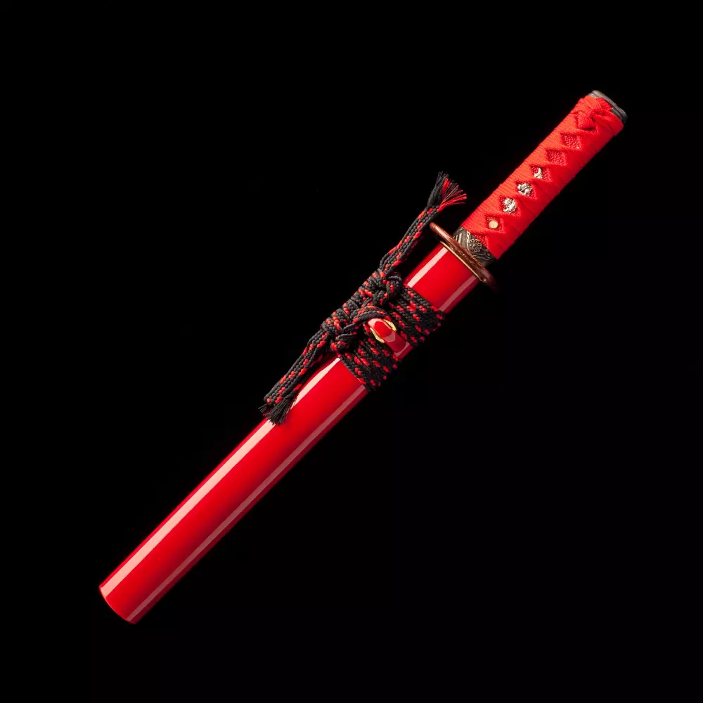KEN SAWADA SU STEELHEADER LIMITED レッド Short Sword | Damascus Steel Tanto with Red Lacquer Saya