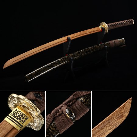 Handmade Wooden Katana Sword With Brown Blade And Black Scabbard