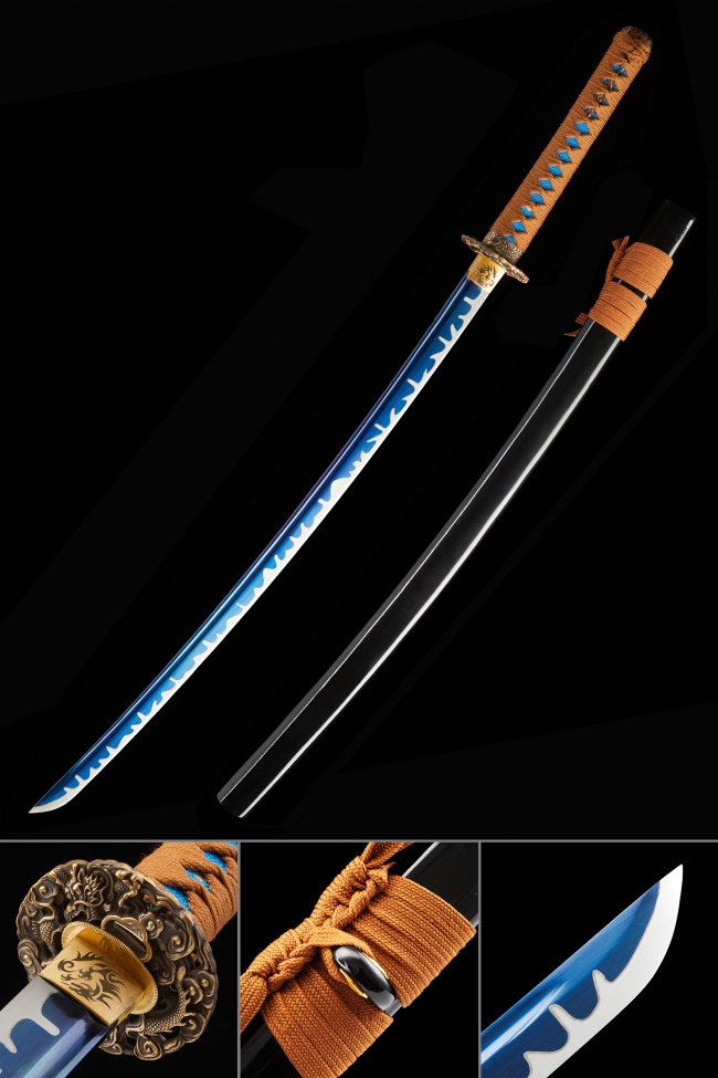 T10 Steel Katana with Blue Wave-Engraved Blade, Dragon Tsuba in Gold, Orange Tsuka-Ito