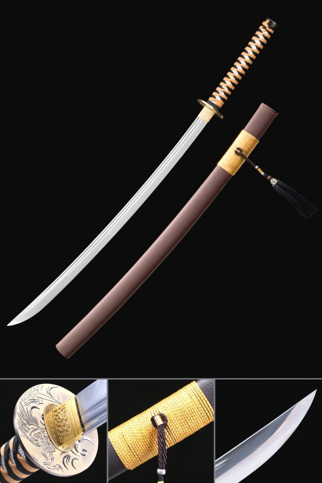 1060 Carbon Steel Katana with Brown Leather Saya and Gold Dragon Tsuba - Full Tang Japanese Sword
