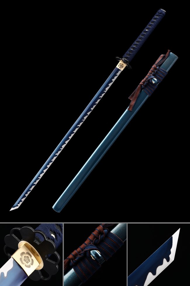 Blue Blade Ninjato in Manganese Steel with Plum Blossom Tsuba & Blue Lacquer Saya