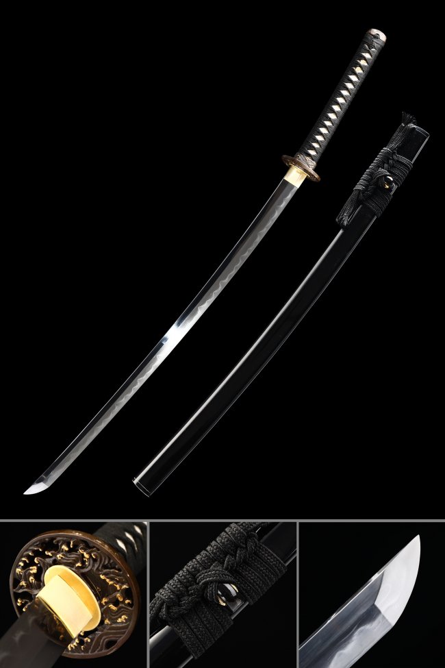 Black Katana in T10 Steel with Clay Tempered Hamon - Gold Tiger Tsuba, Black Piano Lacquer Saya