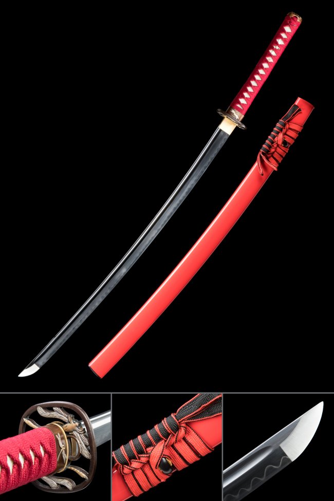 T10 Carbon Steel Katana with Red Saya, Phoenix Tsuba & Red-Black Sageo - Full Tang