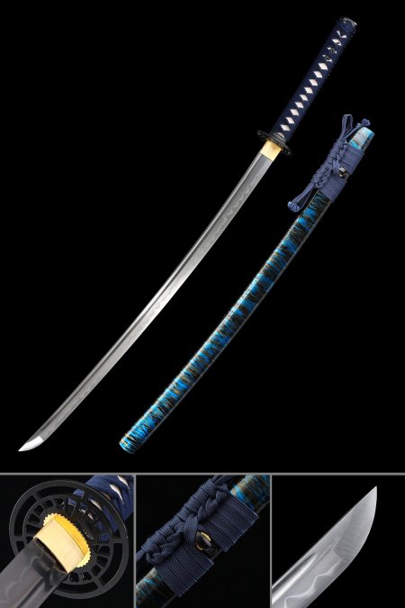 Handmade Real Hamon Japanese Samurai Sword With Blue Scabbard