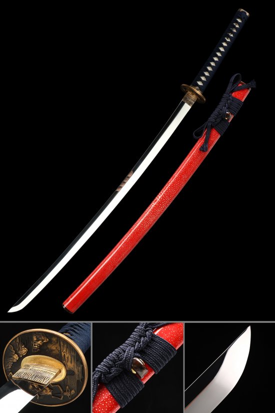 1095 Carbon Steel Katana with Red Pearl Rayskin Saya - Full Tang, Dark Blue Cord Handle, Bronze Samurai Tsuba