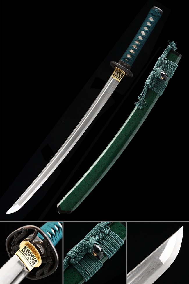 Damascus Steel Wakizashi with Green Lacquer Saya - Teal Cord Handle, Copper Tsuba, 20.47" Blade