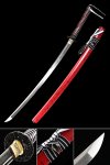 Handmade Sharp Katana Sword T10 Folded Clay Tempered Steel Real Hamon With Red Scabbard