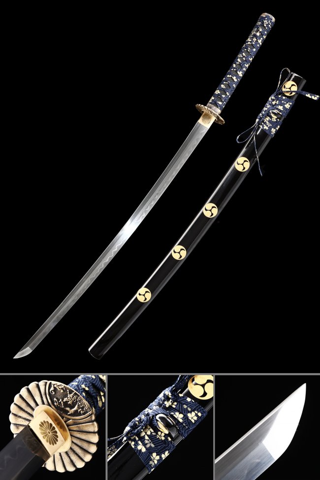 T10 Steel Katana with Real Hamon in Black Lacquer Saya - Gold Chrysanthemum Tsuba, Dark Blue Ito