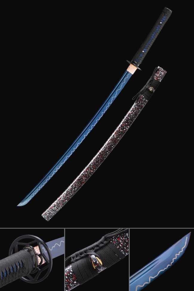 Blue Manganese Steel Katana with Wave Hamon, Splatter Saya & Black Cord Handle