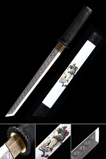 Handmade High Manganese Steel Real Japanese Hamidashi Tanto Sword With White Scabbard