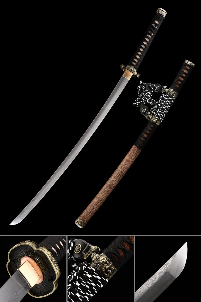 Tachi Sword Damascus Steel Clay Tempered with Natural Brown Hardwood Saya and Gold Alloy Flower Tsuba