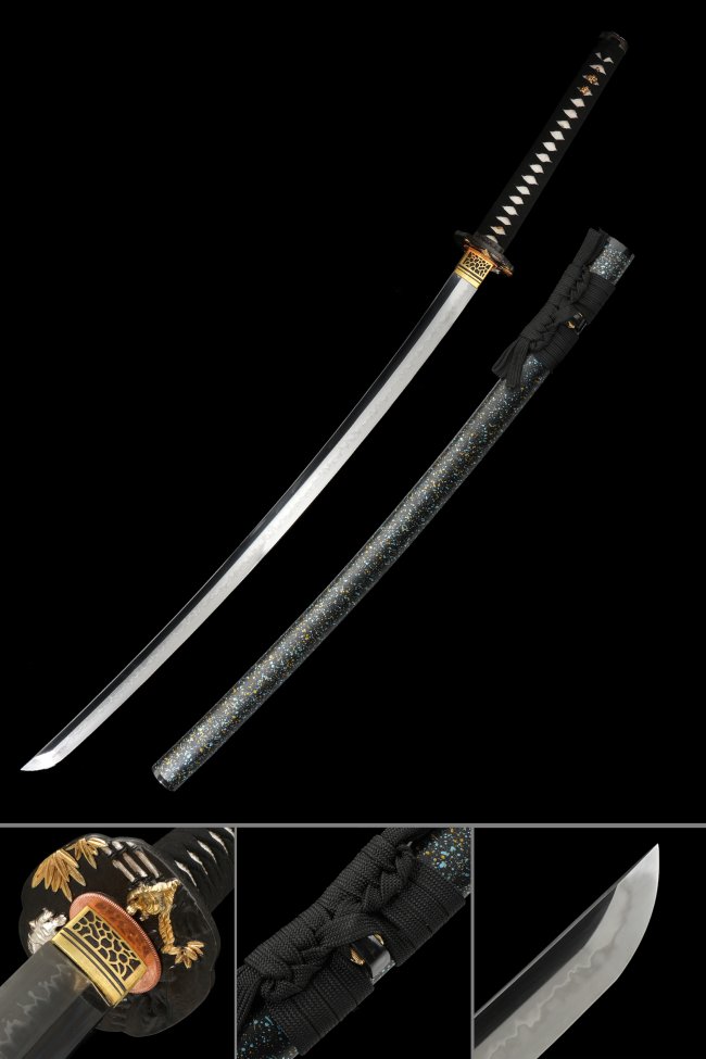 T10 Carbon Steel Katana with Real Hamon in Black & Gold - Tiger Tsuba, Galaxy Saya