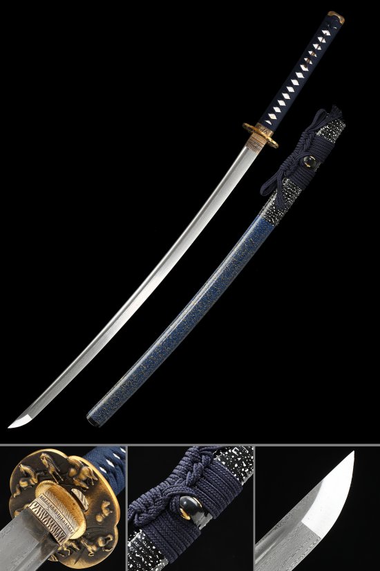 Damascus Steel Katana with Blue Lacquer Saya - Horse Tsuba, Dark Blue Cord Handle, 28.74" Blade