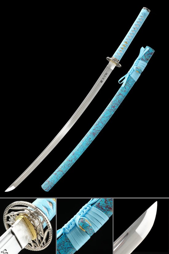 1065 Carbon Steel Full Tang Katana with Sky Blue Marble Saya and Silver-Gold Floral Tsuba