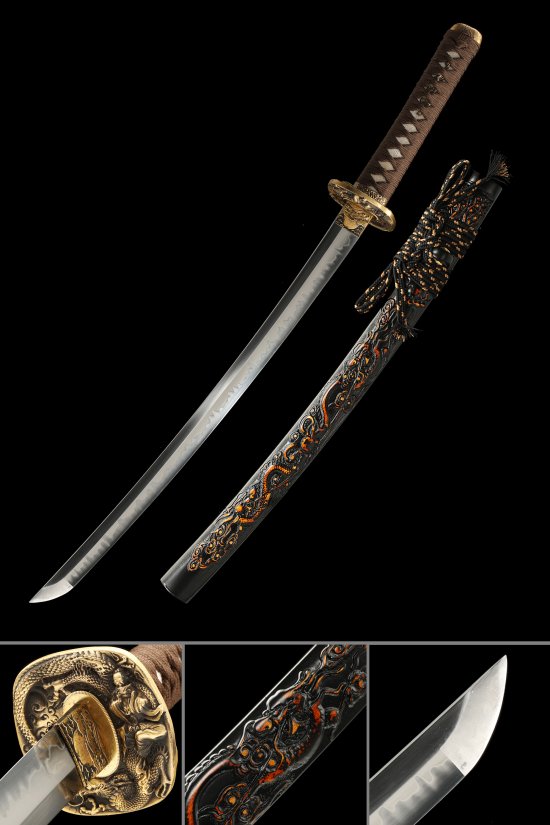 Damascus Steel Wakizashi with Dragon-Carved Black Saya, Gold Dragon Tsuba & Brown Ito