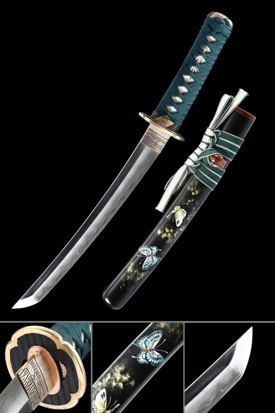 Damascus Steel Tanto with Butterfly Saya - Teal Cord Handle & Copper Tsuba