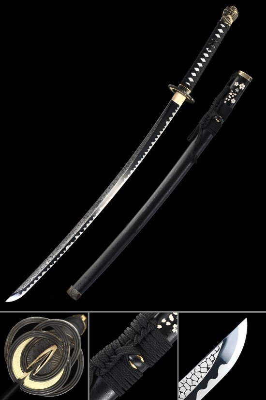 1095 Carbon Steel Katana with Wave Hamon - Black Saya, Cherry Blossom Detail & Gold Tsuba