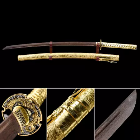 Handmade Brown Wooden Blade Unsharpened Katana Sword With Golden Scabbard And Dragon Tsuba