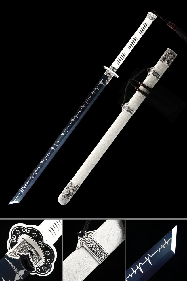 Handmade Chinese Dao Sword High Manganese Steel With Blue Blade And White Scabbard