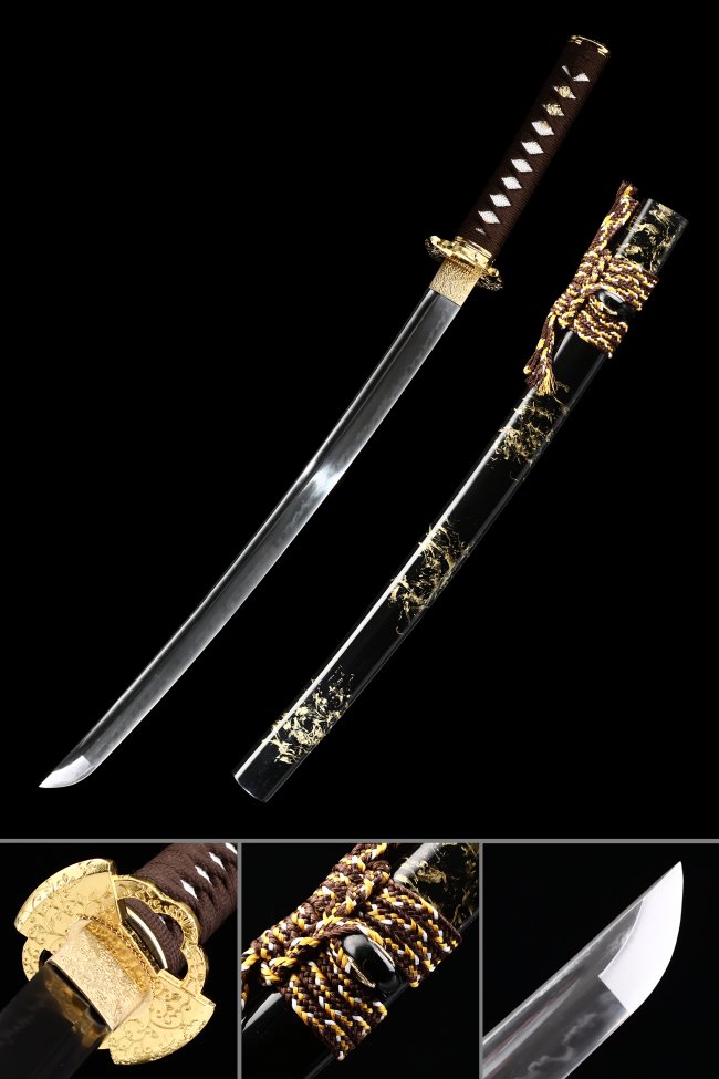 Ornate Scroll Tsuba T10 Carbon Steel Katana, Clay Tempered, Hand Forged & Black Dragon Saya