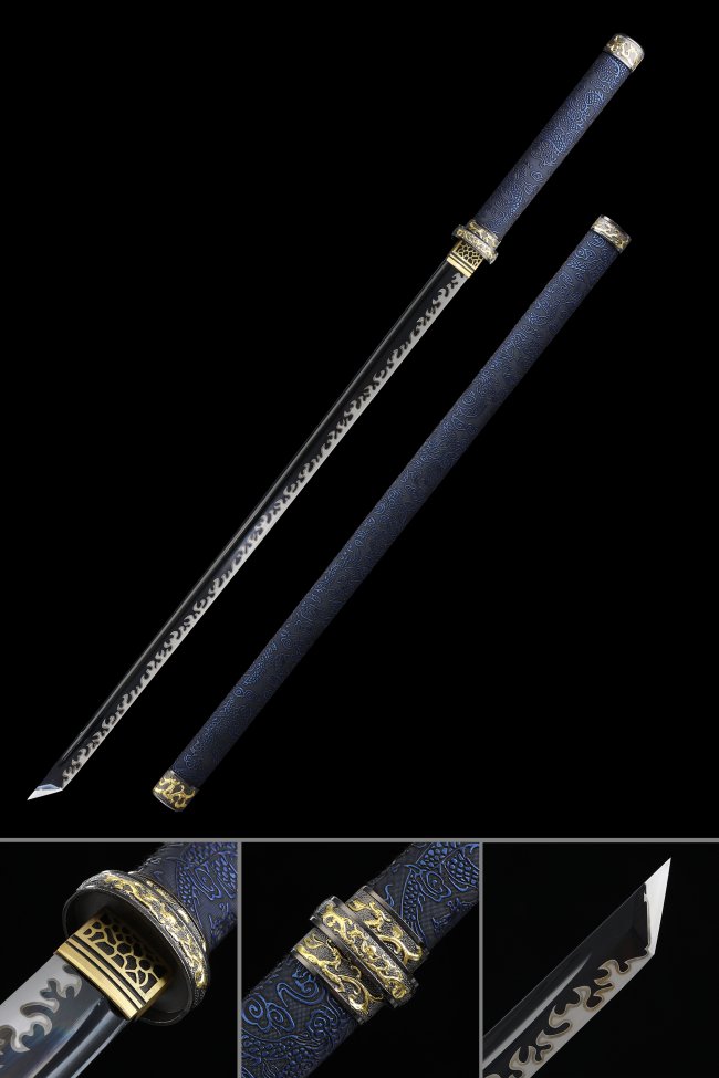 Chokuto Ninjato in Manganese Steel with Dark Blue Dragon Leather Saya - Gold Tsuba