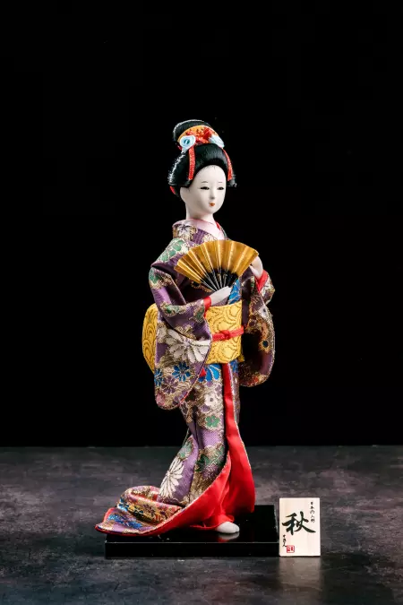 Vintage Japanese Geisha Doll With Fan In Purple Kimono