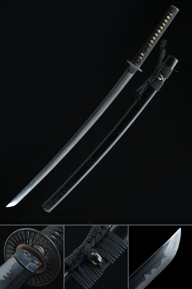 T10 Clay Tempered Katana with Real Hamon in Black Saya - Full Tang Samurai Sword with Copper Tsuba