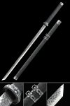 Ninjato 1090 Carbon Steel Hand-Hammered Blade with Black Dragon-Engraved Saya and Silver Scroll Tsuba