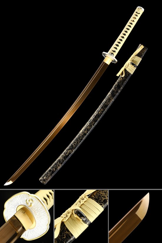 1090 Carbon Steel Katana with Gold Blade - Black Vine Saya, White Tsuba, Yellow Cord Handle