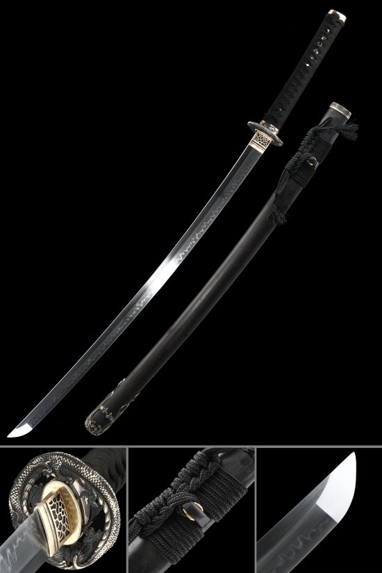 T10 Carbon Steel Katana with Dragon Tsuba in Black Hardwood Lacquer Saya - Hamon Blade