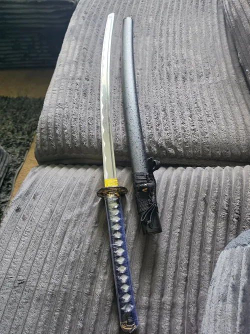 1045 Carbon Steel Katana Sword with Gold Bamboo Tsuba in Black Matte Hardwood Saya - Full Tang Collectible