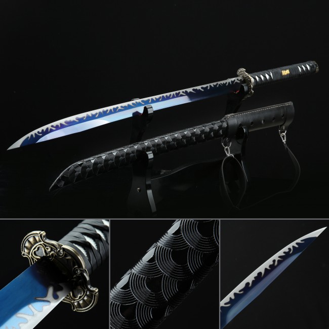 Dragon Tsuba Manganese Steel Katana, Full Tang, Handmade & Black Wave Saya