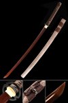 Katana à Lame Rouge, épée Katana Japonaise Faite à La Main En Acier Damas Avec Fourreau Marron