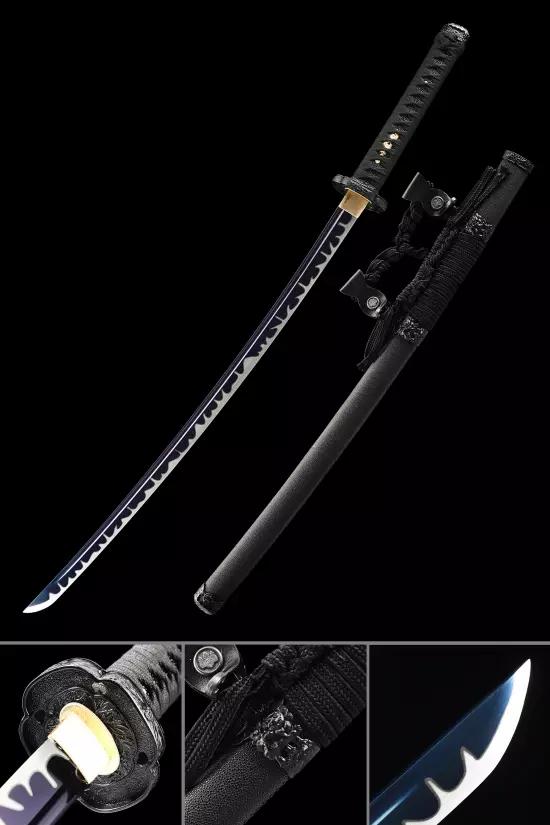 Handmade Japanese Samurai Sword With Blue Blade And Black Scabbard