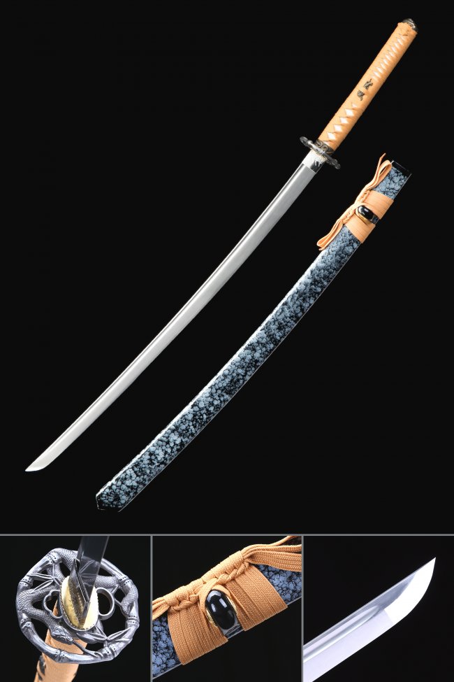 Snake Tsuba 1095 Carbon Steel Katana, Full Tang, Handmade & Blue Saya