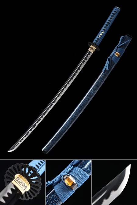 Handmade Japanese Samurai Sword T10 Carbon Steel With Black Blade And Blue Scabbard