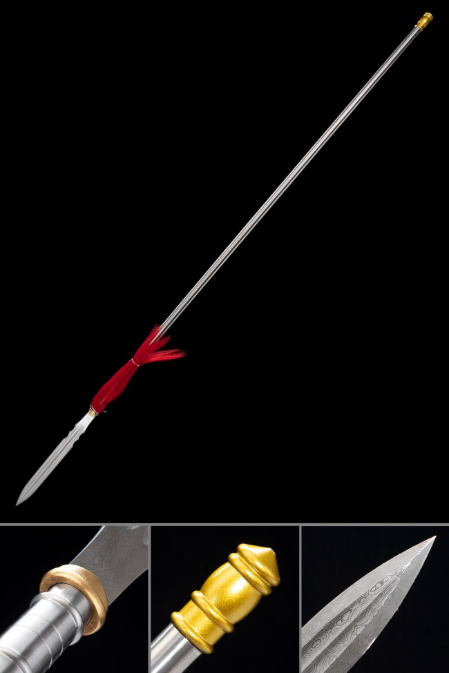 Damascus Steel Yari Spear - Handcrafted Japanese Polearm, 82-Inch Chrome Staff, Narrow Spearhead