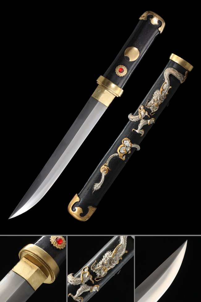 Hamidashi Tanto 1095 Carbon Steel Blade Black Hardwood Saya with Dragon Relief Carvings