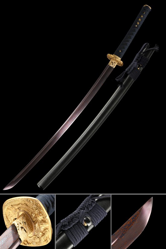 Damascus Steel Katana with Dark Red Blade, Gold Dragon Tsuba in Black Koshirae