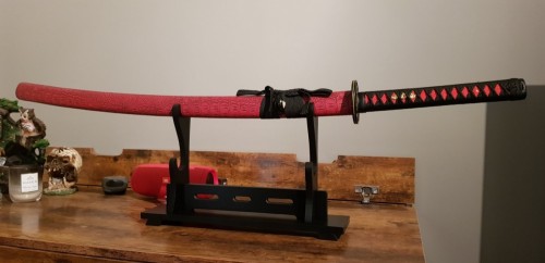 Handmade Japanese Samurai Sword High Manganese Steel With Blue Blade And Red Scabbard