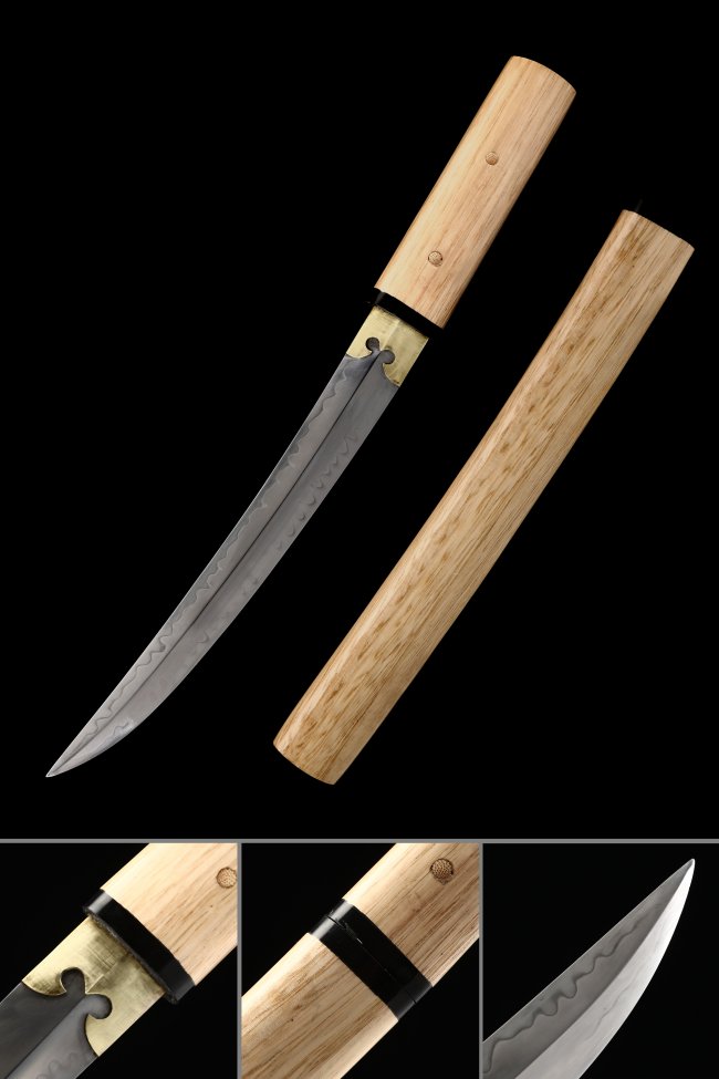 Shirasaya Tanto in T10 Carbon Steel with Real Hamon - Natural Wood Saya & Brass Tsuba