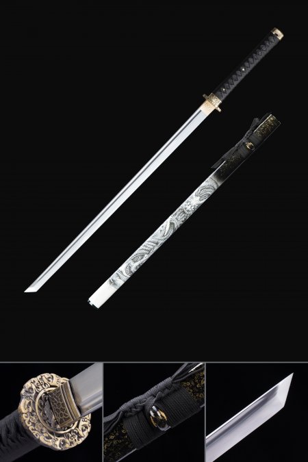 High Manganese Steel Straight Blade Chokuto Japanese Ninjato Swords With Dragon Scabbard