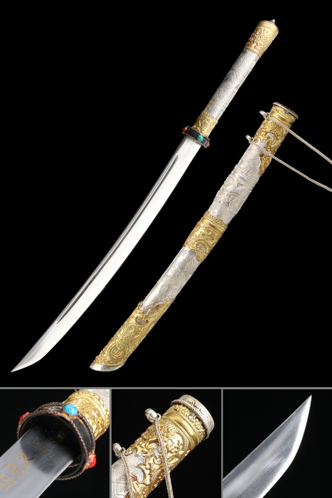 Ancient Tibetan Broadsword - Handcrafted Spring Steel Collectible With Silver Sheath & Gemstone Inlay 31.5 Inches