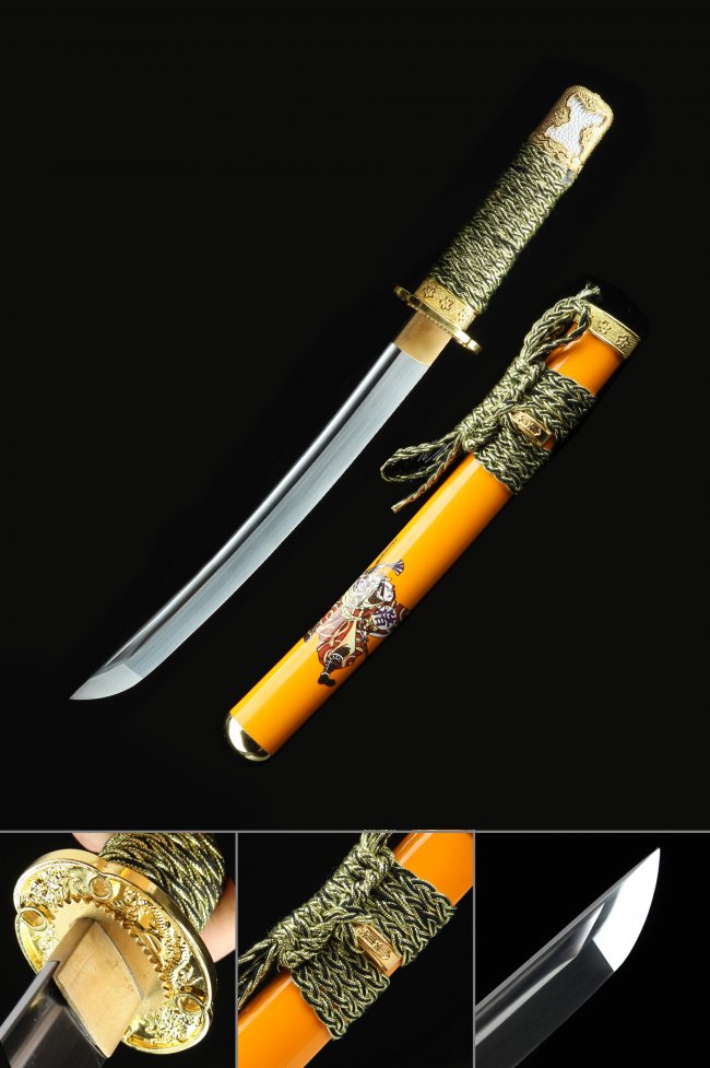 Manganese Steel Tanto with Orange Saya, Dragon Tsuba - Green Cord Handle, 21-Inch Collectible