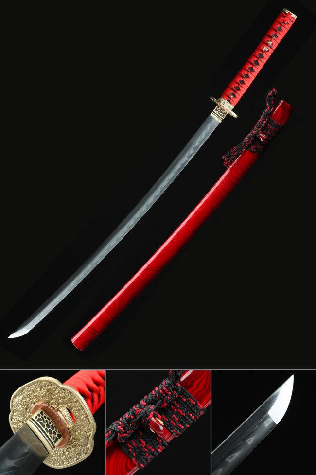 Chrysanthemum Tsuba T10 Carbon Steel Katana, Folded Steel, Handmade & Red Saya