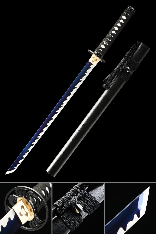 Full Tang Ninjato with Blue Manganese Steel Blade, Black Iron Tsuba & Lacquered Wood Saya